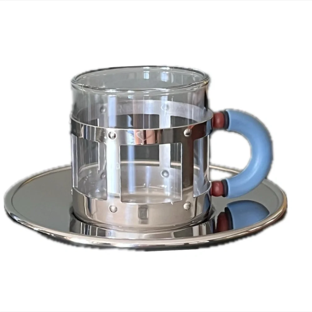 ALESSI Michael Graves Stainless Steel Glass Espresso Cup & Saucer Blue & Red